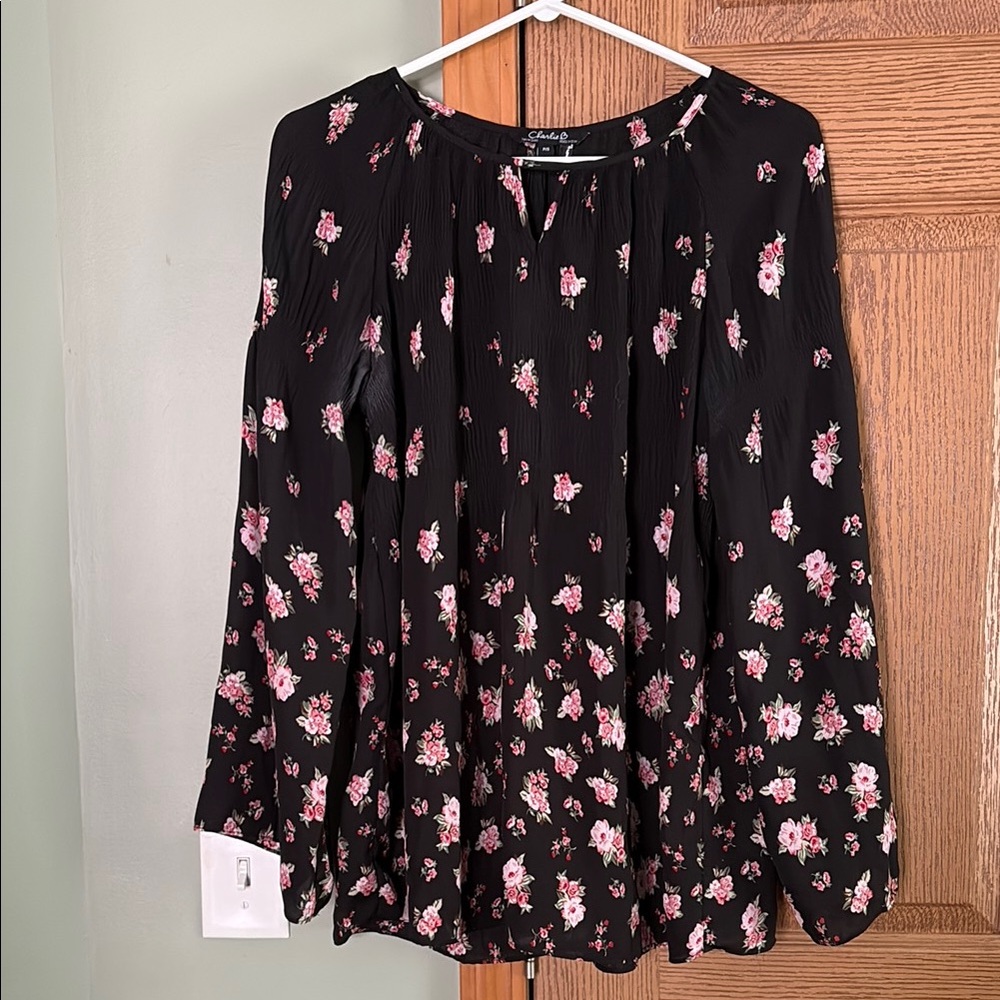 Charlie B Black Top with Pink Floral Accents